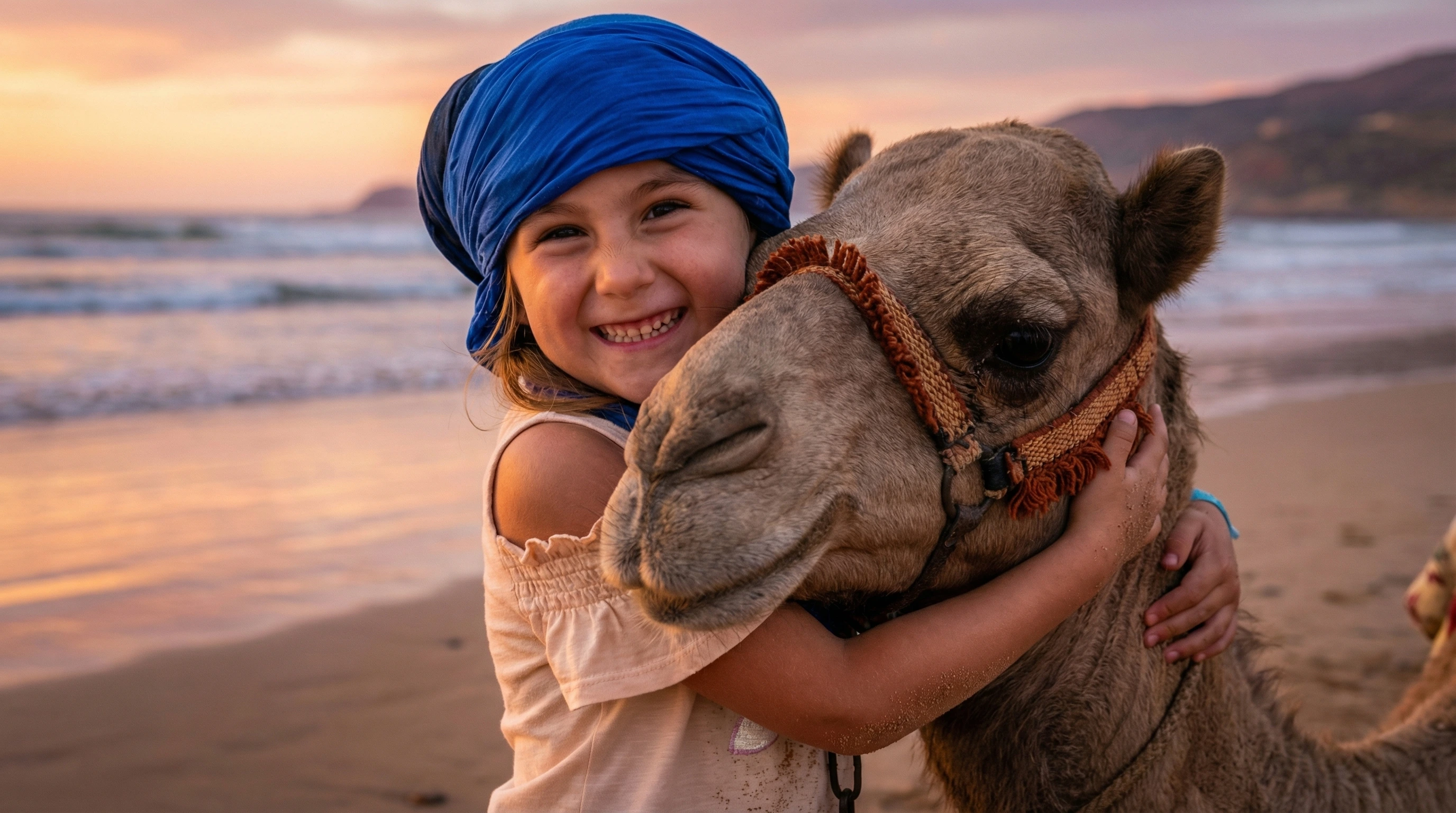 Sunset camel ride on Agadir beach with ocean view